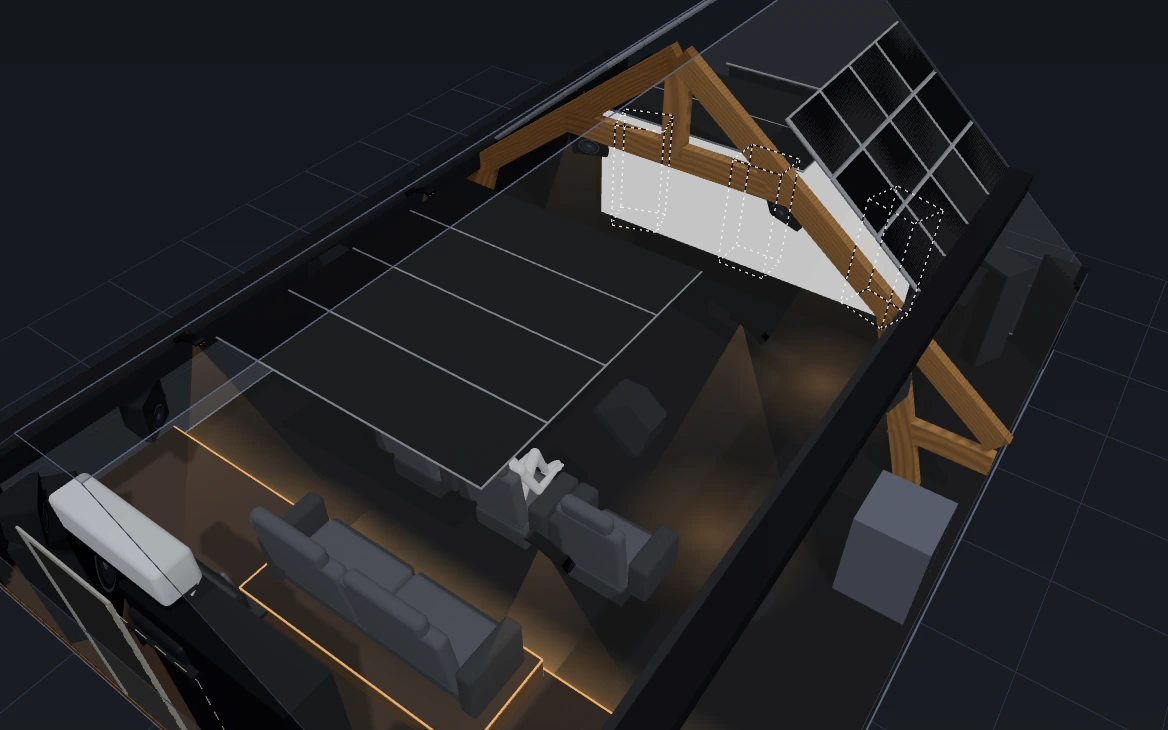 3D overview of an attic home cinema in HTM: roof truss, acoustic tiles on the slope, screen, two rows of seats on a lit riser, equipment rack